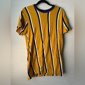 San Francisco Work Shirt Mens Large Yellow Blue White Vertical Stripes Slim Fit